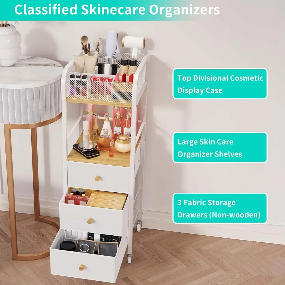 HapiRm Rolling Makeup Cart Organizer - Floor Skincare Make Up Storage with 3 Drawers, Vanity Organizer Cosmetic Display Cases Ho
