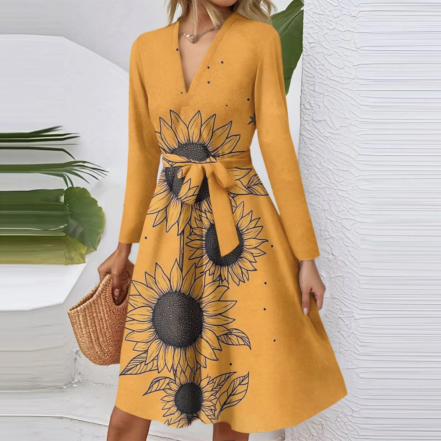 Women'S Fashion Casual V-Neck Long Sleeve Waist Floral Print Midi Dress Vestidos Para Mujer Female Dress Y2k Traf Roupas Feminin