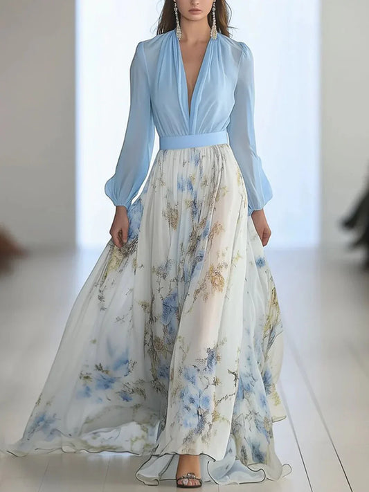 Women's Loose A-Line Blue Long Sleeve V-Neck Floral Print Maxi Dresses Stylish Dress