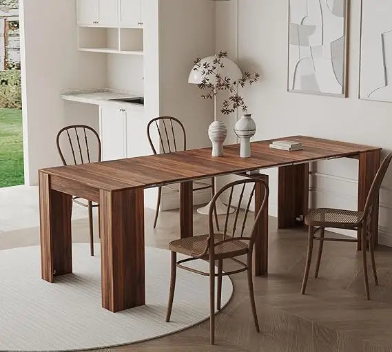 expandable modern rustic rectangular dining table for 1-10, wood, suitable for kitchen and living spaces