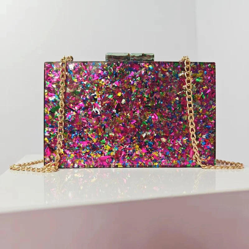Shoulder New Wedding Sequins Chain Bag Acrylic Banquet Crossbody Clutch Evening Pink Handbag Purses Square Luxury Designer Bags