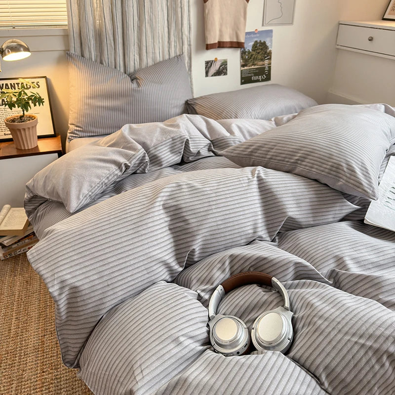 100% Cotton Stripe Style Duvet Cover Set 3-Piece (1 Duvet Cover + 2 Pillowcases),Minimalist Bedding Set for All Seasons