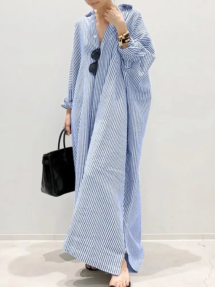2025 Stripe Printed Beach Party SundressSpring Fall Bohemian Women Long Sleeve Lapel Dress Fashion Casual Loose Vestidos