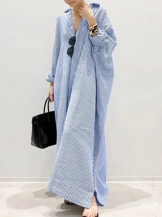 2025 Stripe Printed Beach Party SundressSpring Fall Bohemian Women Long Sleeve Lapel Dress Fashion Casual Loose Vestidos