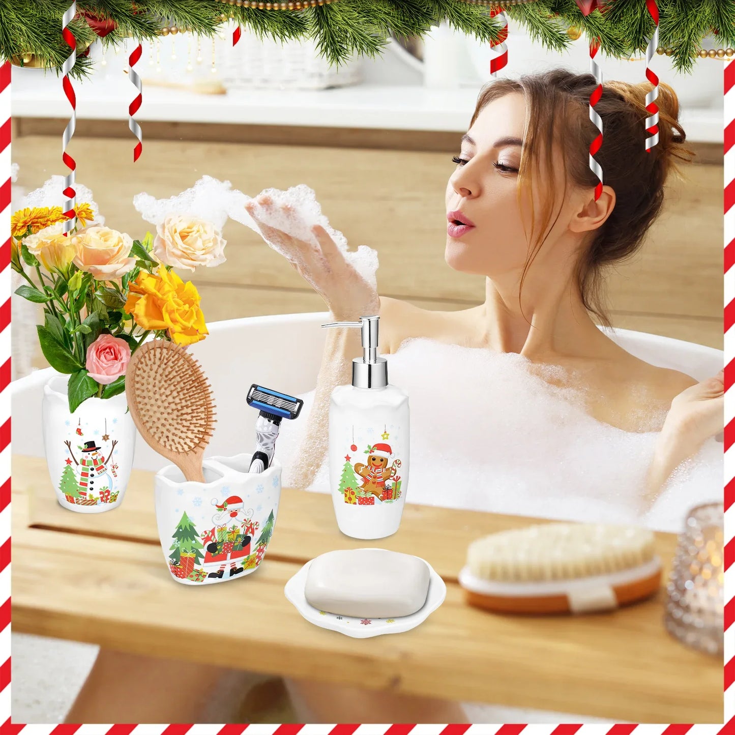 4-Piece Ceramic Christmas Bathroom Accessory W/ Tumbler/Toothbrush Holder/Soap Dish/Dispenser Christmas Toothbrush Holder Set
