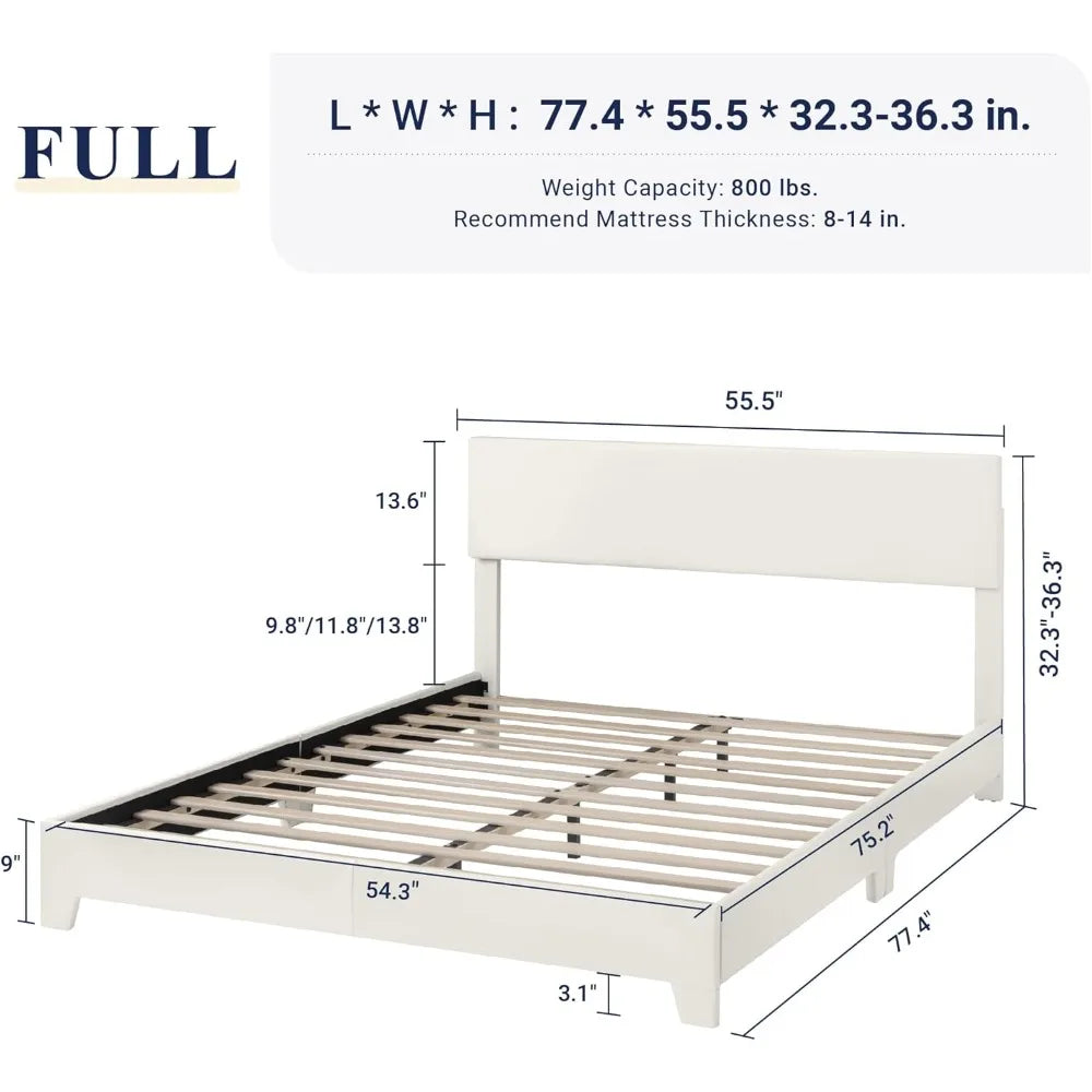 Queen Size Faux Leather Bed Frame with Adjustable Headboard, Wood Slat Support Platform Bed, Heavy Duty Mattress Foundation