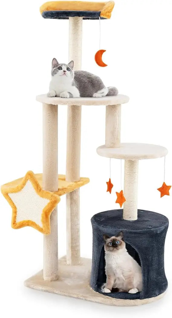 50-inch multi-level cat tower with condo, sisal scratching posts, board, plush top perch, and platform