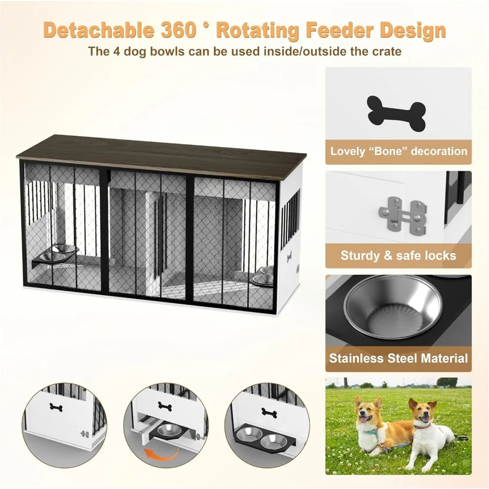 RQZ 65 Dual Dog Crate Furniture - Heavy-Duty Wooden Dog Cage Table with Storage Drawers and Stainless Steel Bowls