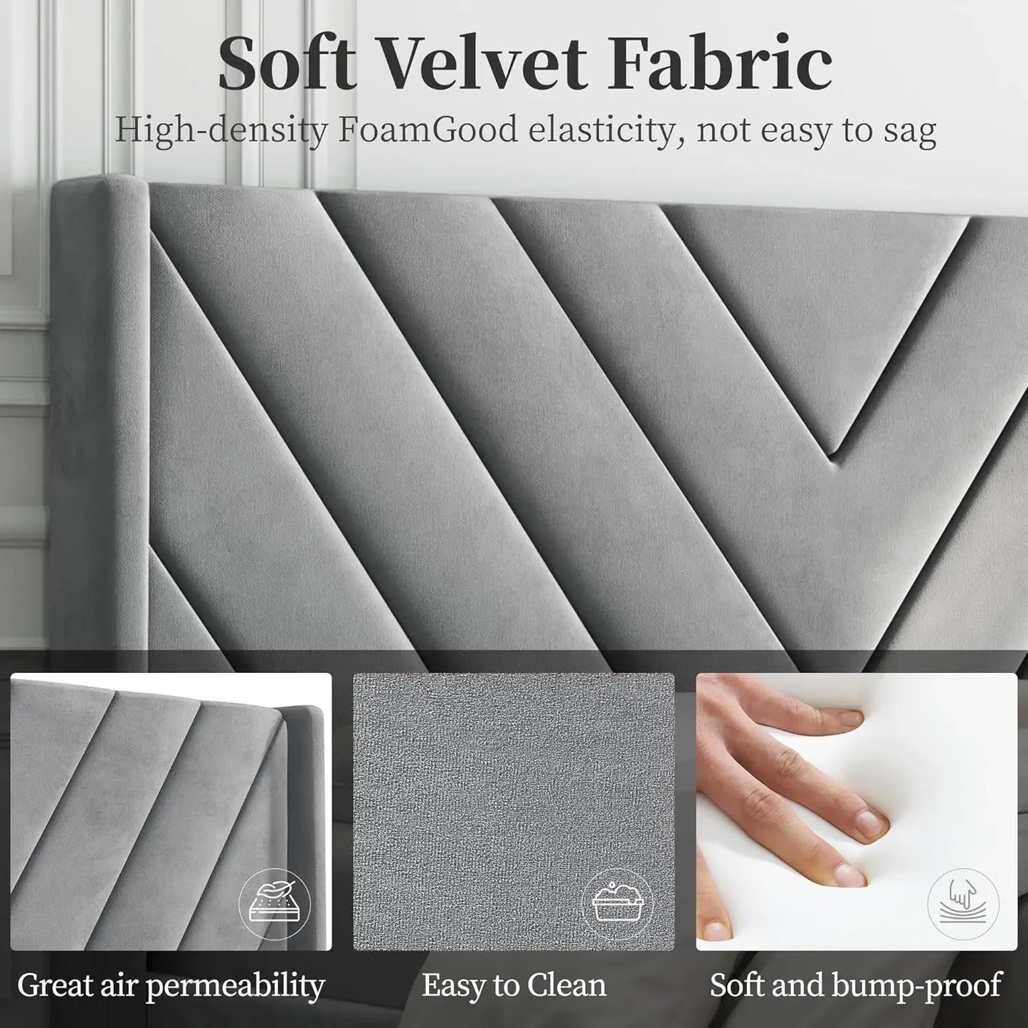 Bed with Wing Side/Wooden Slat Support/Tufted Headboard with Wing Side/Mattress Foundation,Light Gray Queen Bed