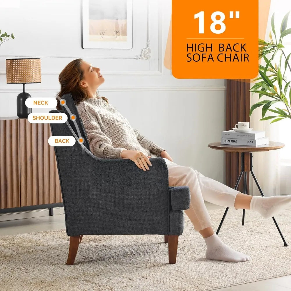 Mid-Century Modern Black Upholstered Accent Chairs Set of 2, Comfortable High-Back Sofa Chairs for Living Room Reading