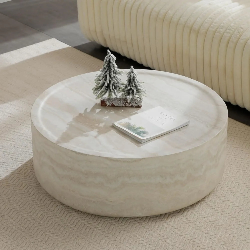 31.49" Round Coffee Table, Modern Marble Faux Pattern - Minimalist Accent Table for Living Room,Office
