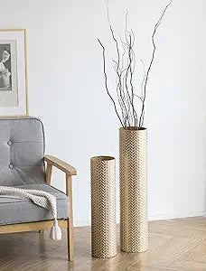 Extra Large Decorative Metal Cylinder Vases Set of 2 Tall Gold Woven Texture Floor Standing Vases - 27.6/21.7 inches Vin