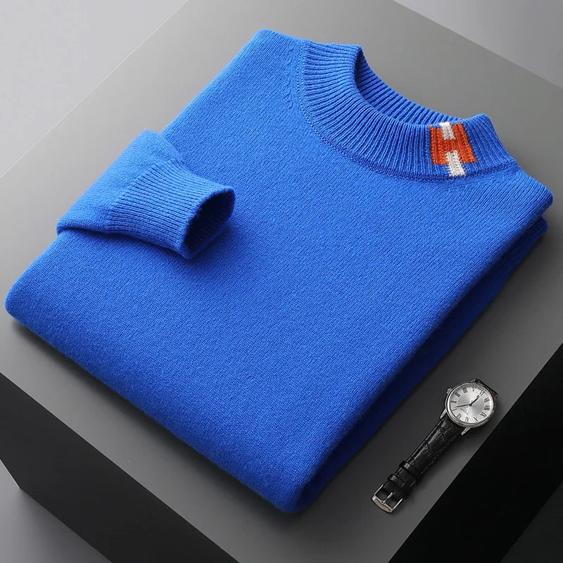 LHZSYY Men's Cashmere Sweater Autumn Winter New Semi-High Neck Pullover Warm Color Matching Knit Base Shirt Loose Thicken Jumper
