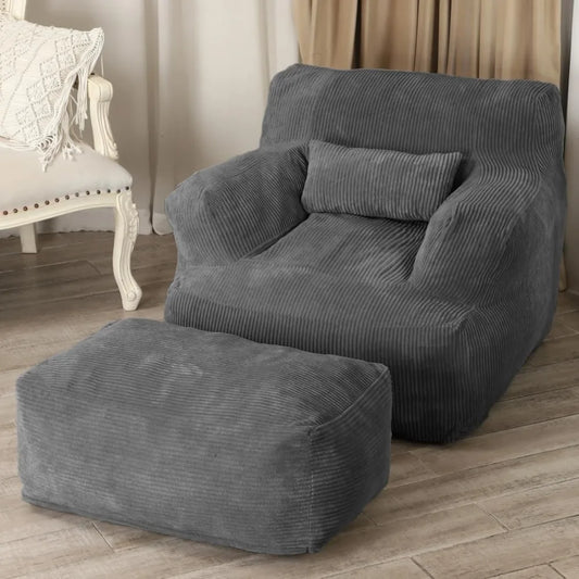 Bean Bag Sofa Chair with Ottoman, Comfy Floor Couch, Oversized Reading Chair for Bedroom, Dorm Room, Living Room, Darkgrey