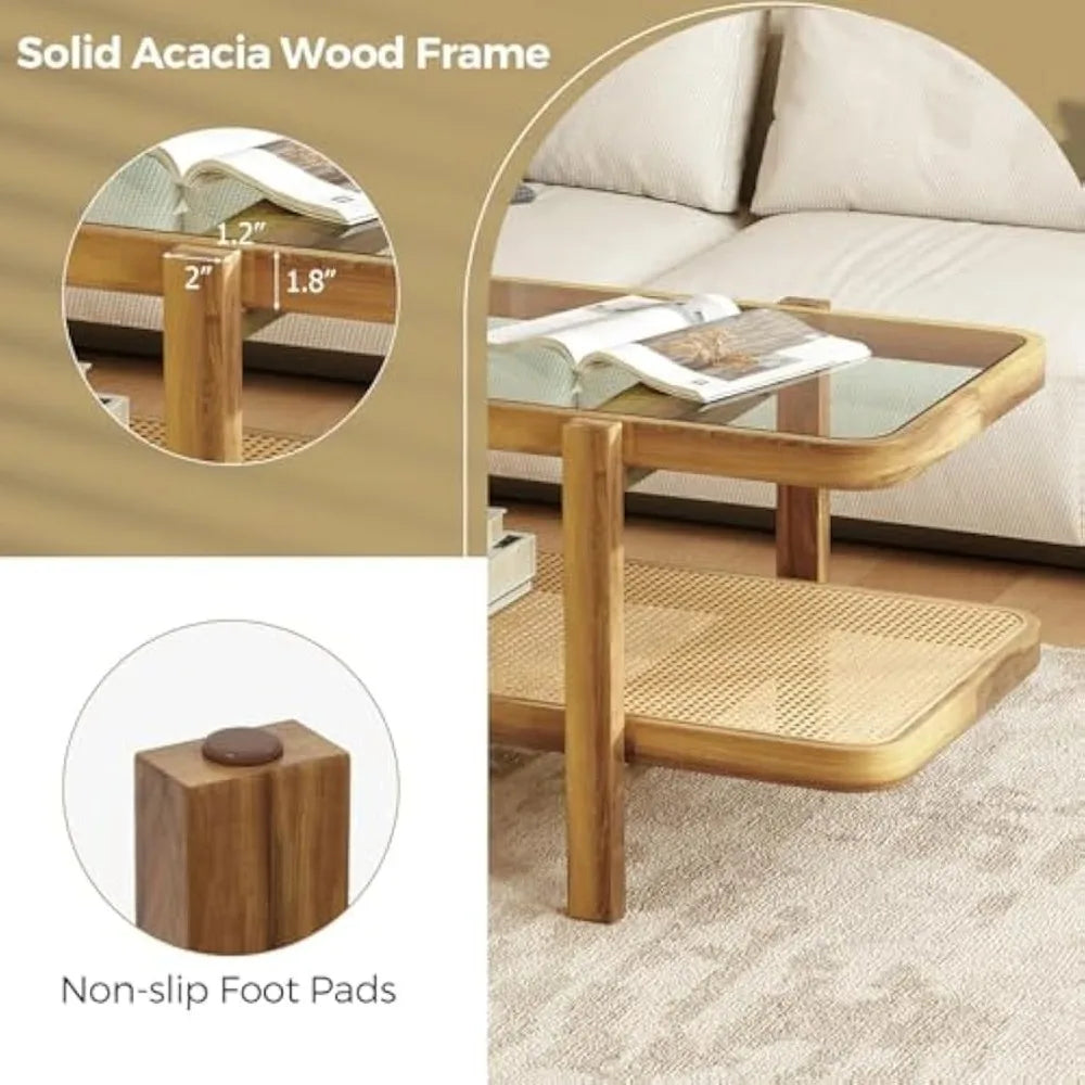 Rattan Coffee Table, 47.5" Rectangle Solid Wood Tea Table w/Tempered Glass Tabletop & PE Rattan Storage Shelf, 2-Tier Boho Coff