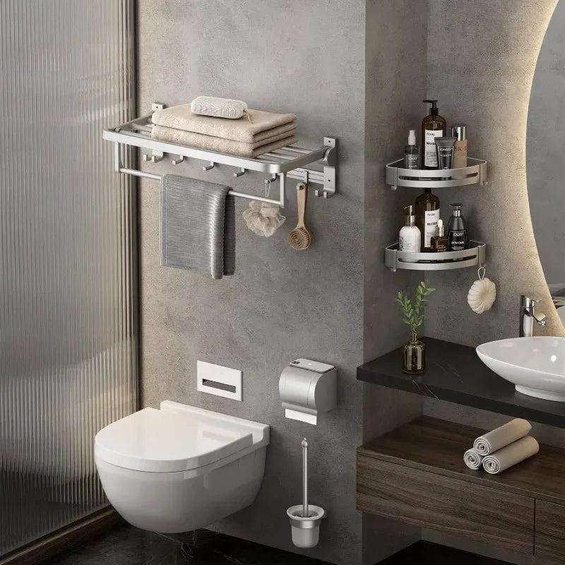 24 Inch Towel Rack with Towel Bar Holder Foldable Towel Shelf with Movable Hooks Rustproof Storage Wall Mount