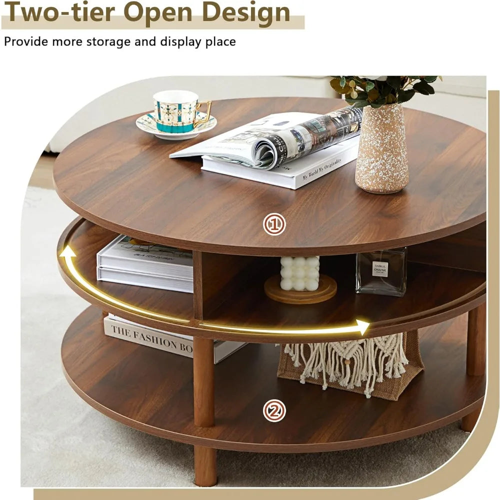 Mid-Century Modern Round Coffee Table with Storage and Sliding Door, Featuring Two Tiers and Solid Wood Legs with Fluted Design