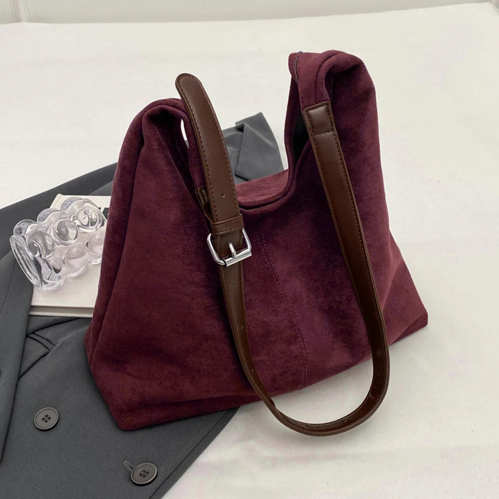 Women Suede Shoulder Bag Fashion Tote Bag Large Capacity Stylish Crossbody Bag Solid Color Casual Tote Purse Daily Commuting Bag