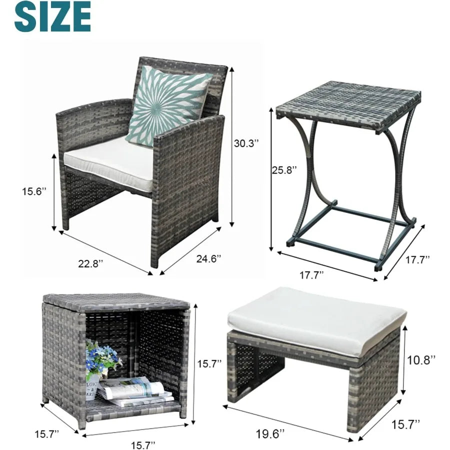 6 Piece Patio Furniture Conversation Set with Ottoman Outdoor Grey Wicker Chair and Table Set Ideal for Balcony Spaces in Apart