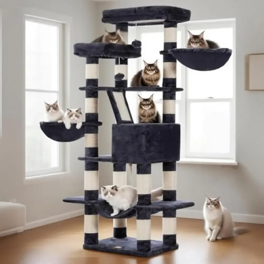 Cat Tree, 68 inch Multi-Level Cat Tower for Indoor Cats, 2 Widened Plush Perches Cat Condo with Scratching Board and Big Caves