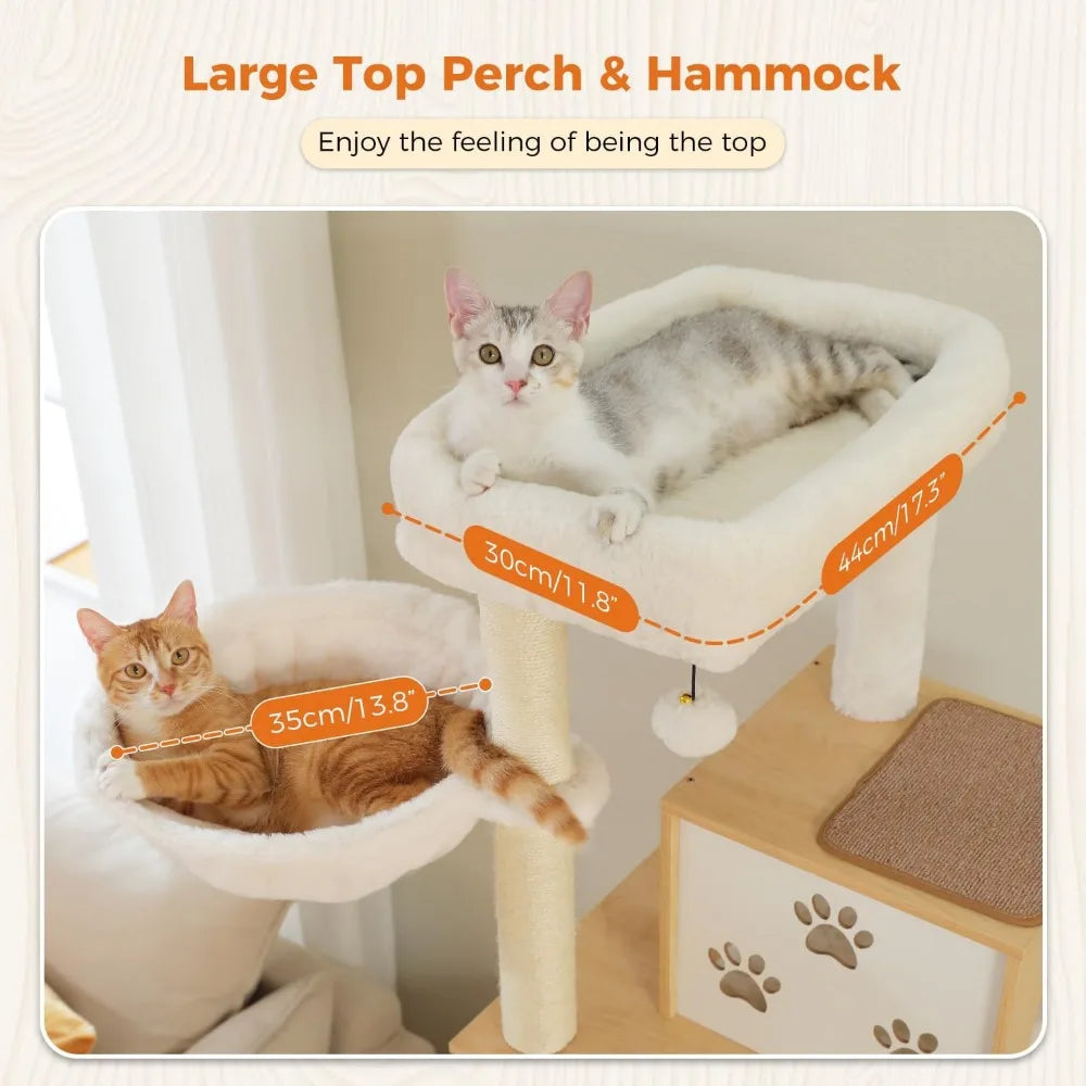 PAWZ Road Large Cat Tree with Food Station, 74.8 Inches Wooden Tall Cat Tower with Extra Large Condos and Hammocks,Spacious Perc