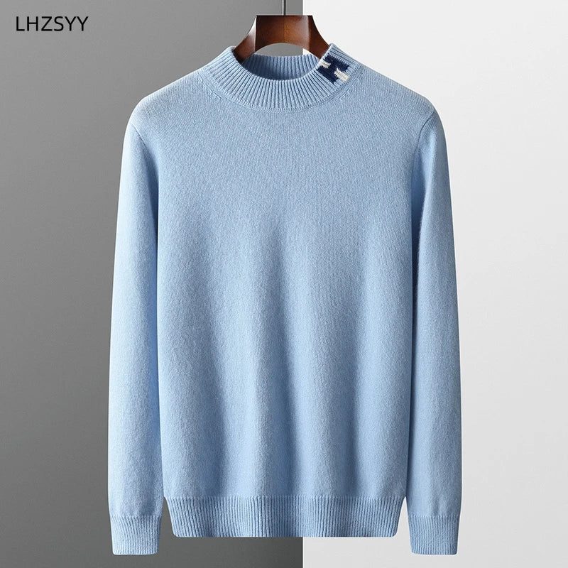 LHZSYY Men's Cashmere Sweater Autumn Winter New Semi-High Neck Pullover Warm Color Matching Knit Base Shirt Loose Thicken Jumper