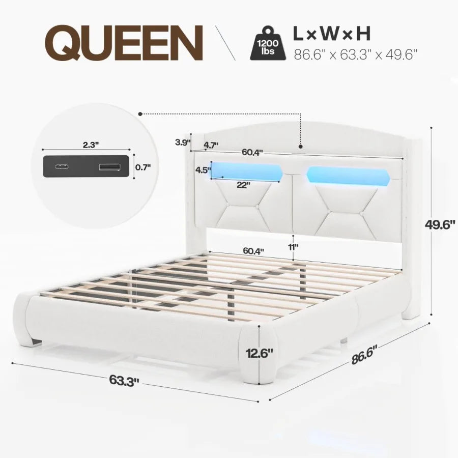 Queen Size Bed Frame with Headboard Boucle Upholstered Platform Bed Frames with Storage Charging Station LED Lights Soft Thicke