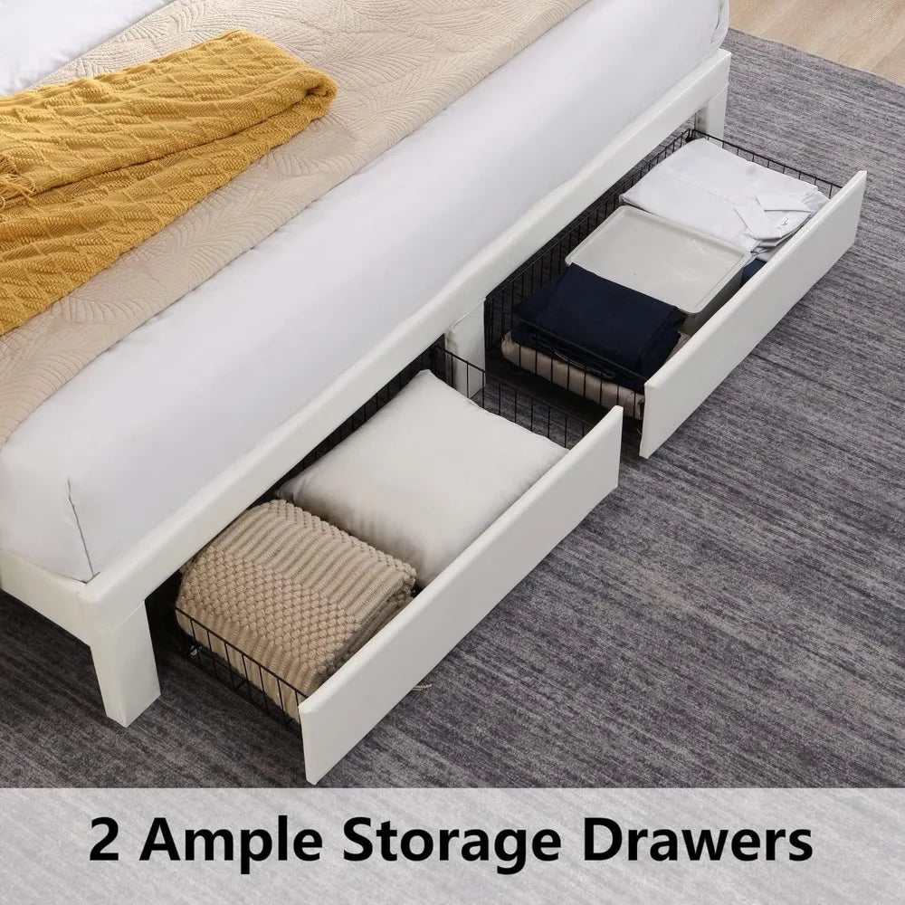 Queen Bed Frame with Headboard & Charging Station, Upholstered Platform Bed Frame with 2 Storage Drawers, Sturdy Wooden Slats Su