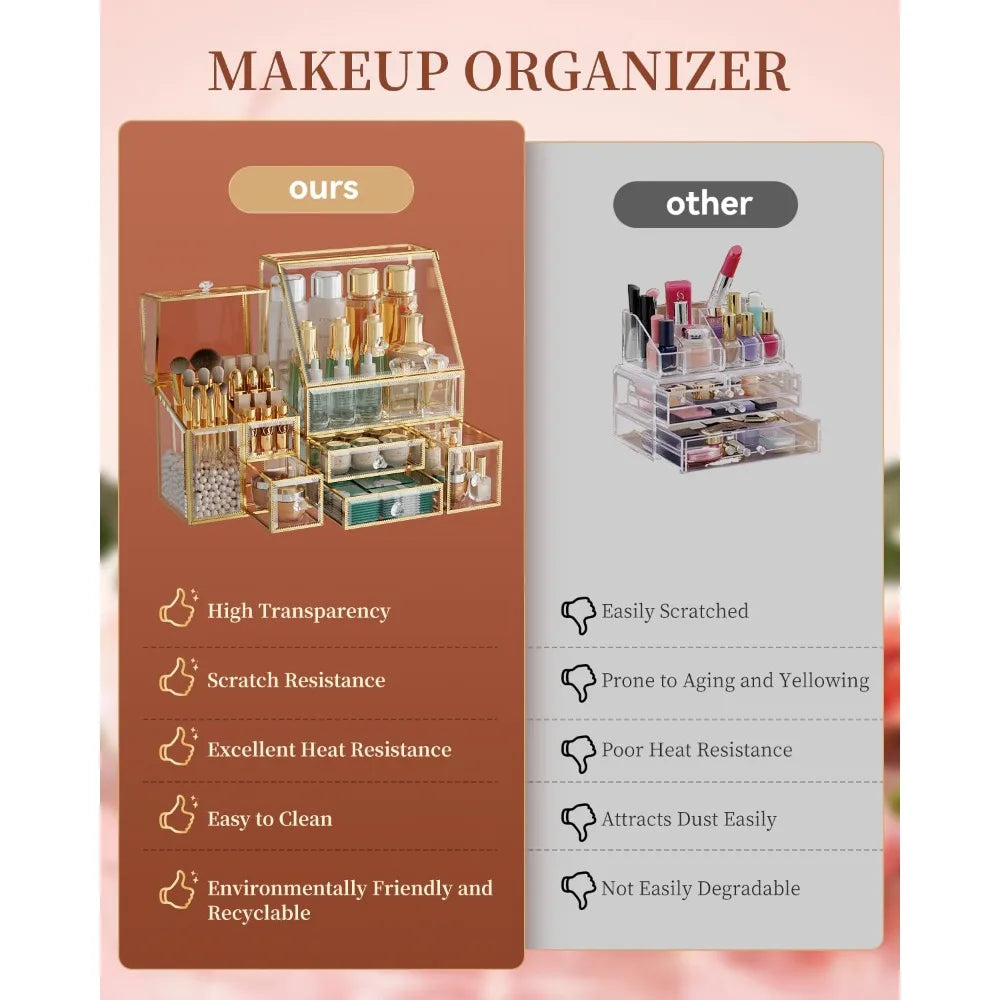 Clear Makeup Organizer with Gold Frame – Countertop Vanity Organizer for Skincare, Lipsticks, Perfume & Brushes – Bathroom Cosme