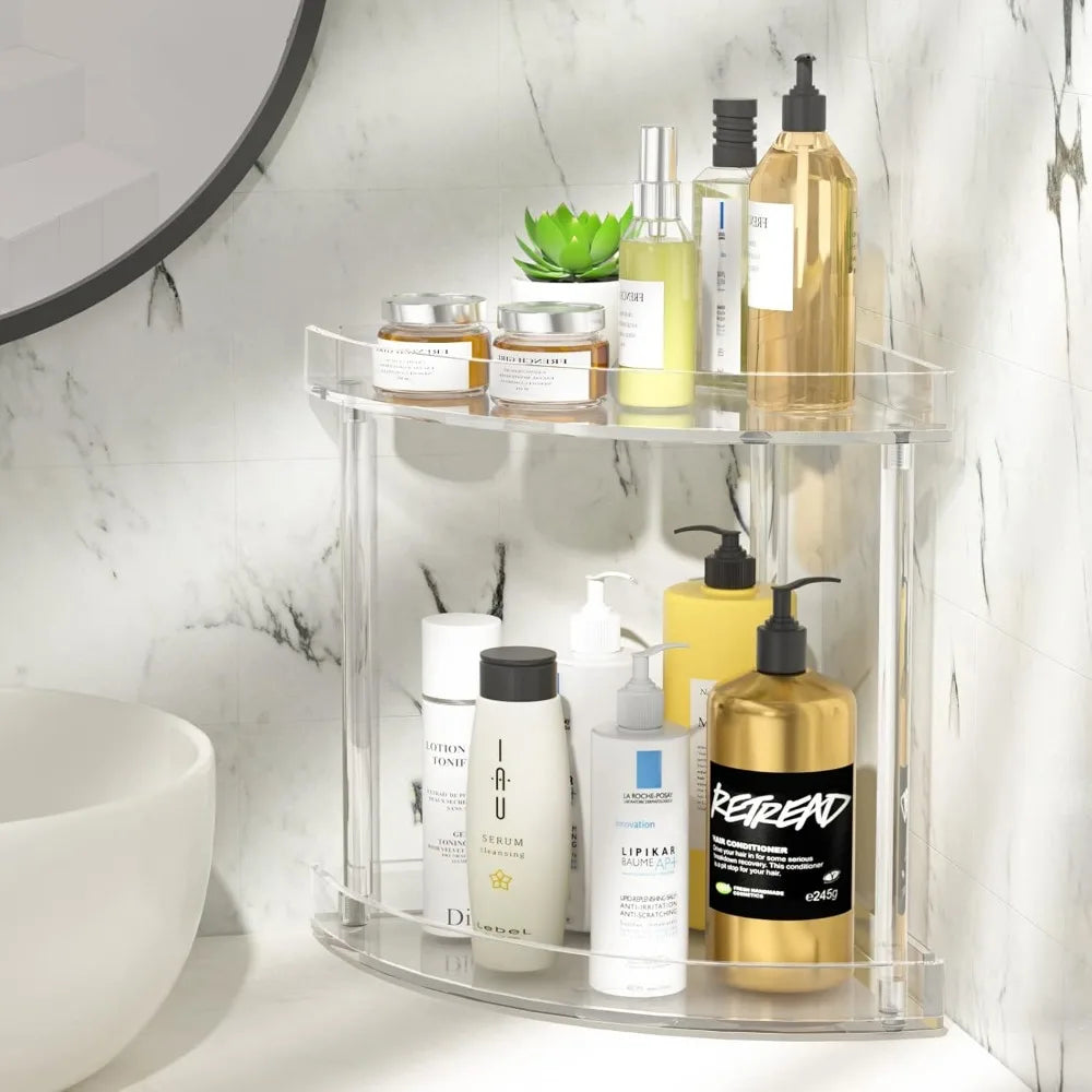 2 tier acrylic bathroom counter organizer, clear bathroom countertop corner organizer, 2-tier corner storage shelf vanity trays