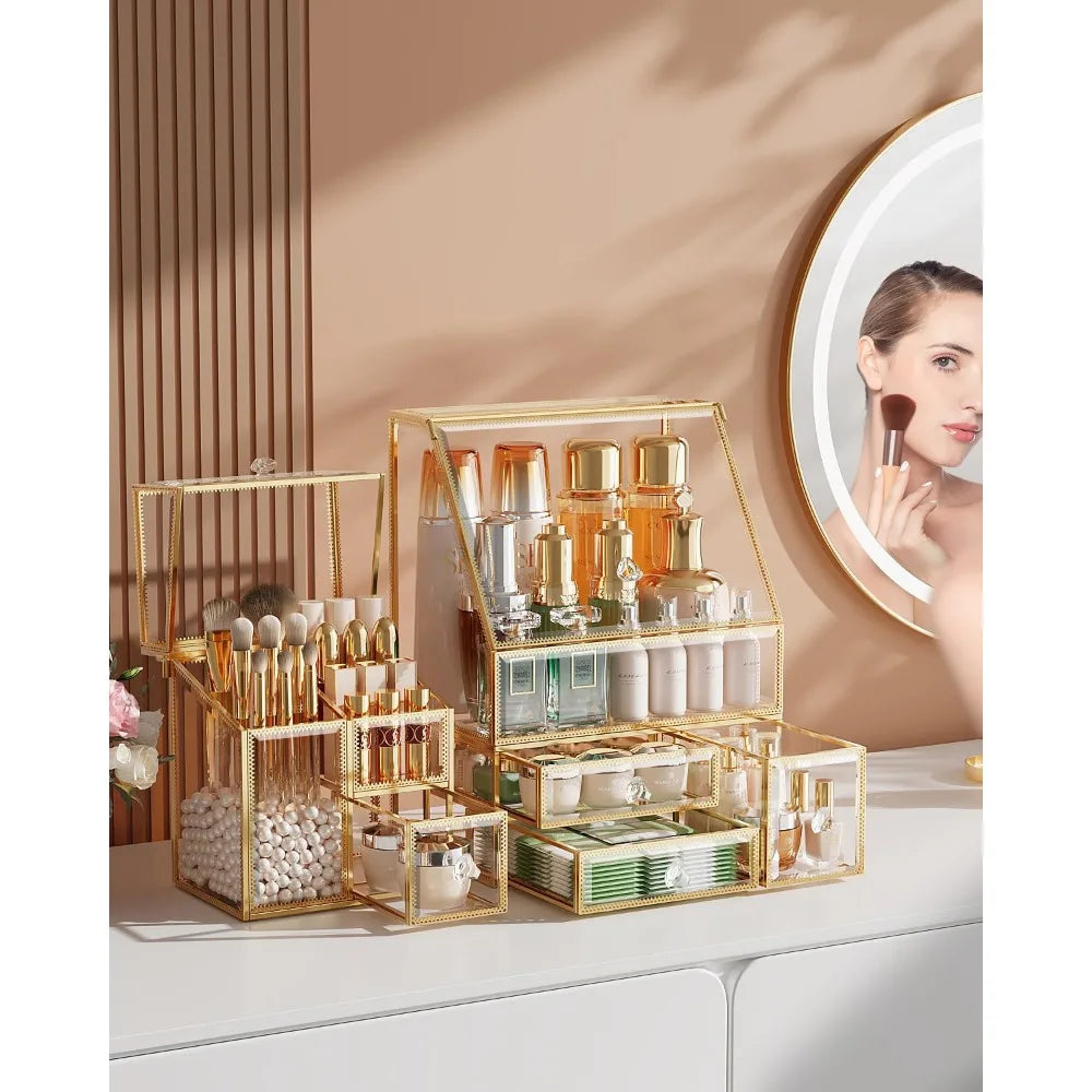 Clear Makeup Organizer with Gold Frame – Countertop Vanity Organizer for Skincare, Lipsticks, Perfume & Brushes – Bathroom Cosme
