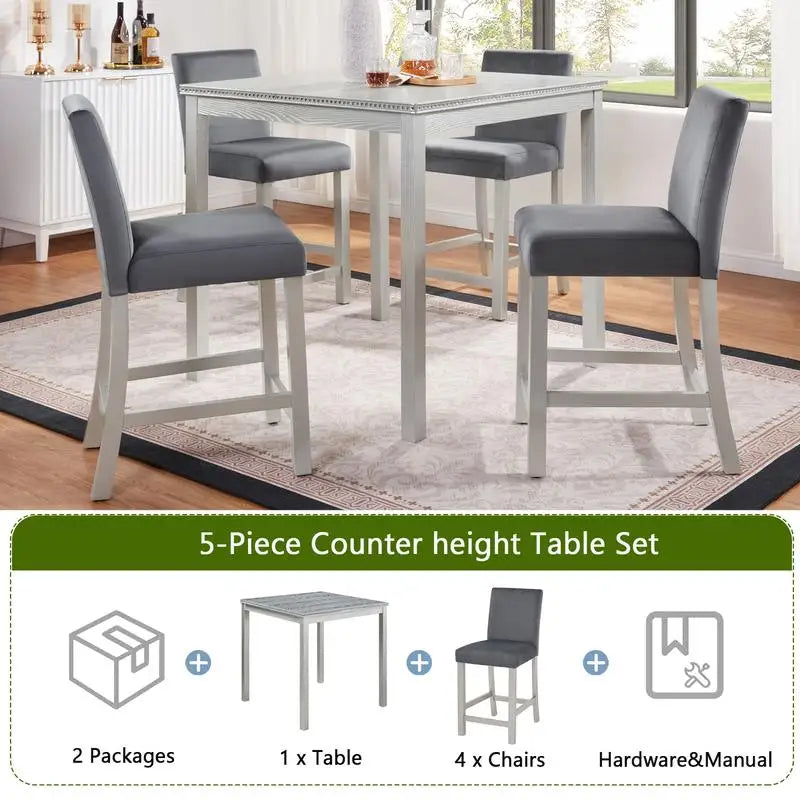 5-Piece Counter Height Dining Set, Wooden Table with Square Design and 4 Upholstered Chairs, Stylish Kitchen Furniture with