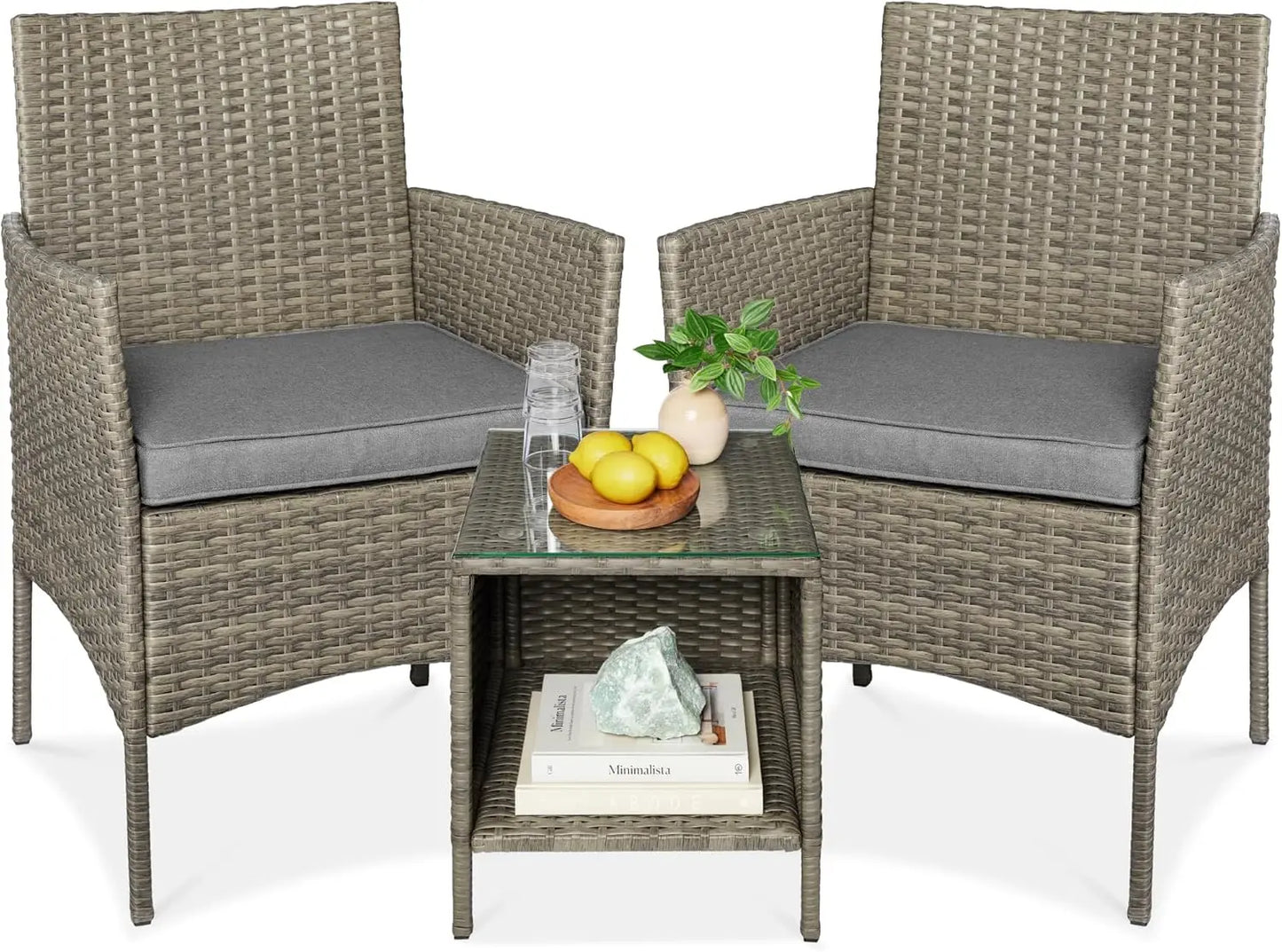 3-Piece Outdoor Wicker Conversation Bistro Set, Space Saving Patio Furniture for Garden w/Side Table