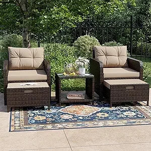 Balcony Furniture 5 Piece Patio Conversation Set, PE Wicker Rattan Outdoor Lounge Chairs with Soft Cushions 2 Ottoman&Glass Tabl