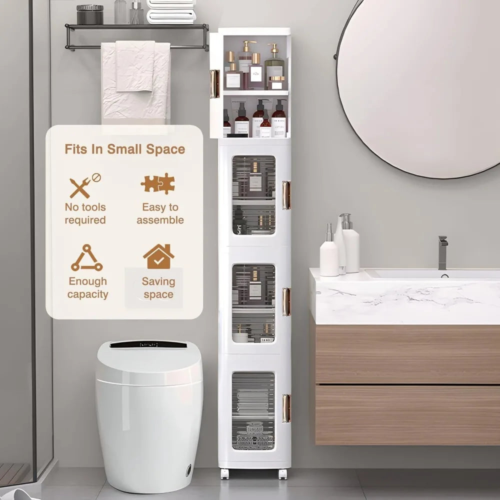 Multi-Tier Plastic Storage Cabinet with Adjustable Shelves, Mobile Wheels, and Magnetic Door Closure for Slim Bathroom Organizat