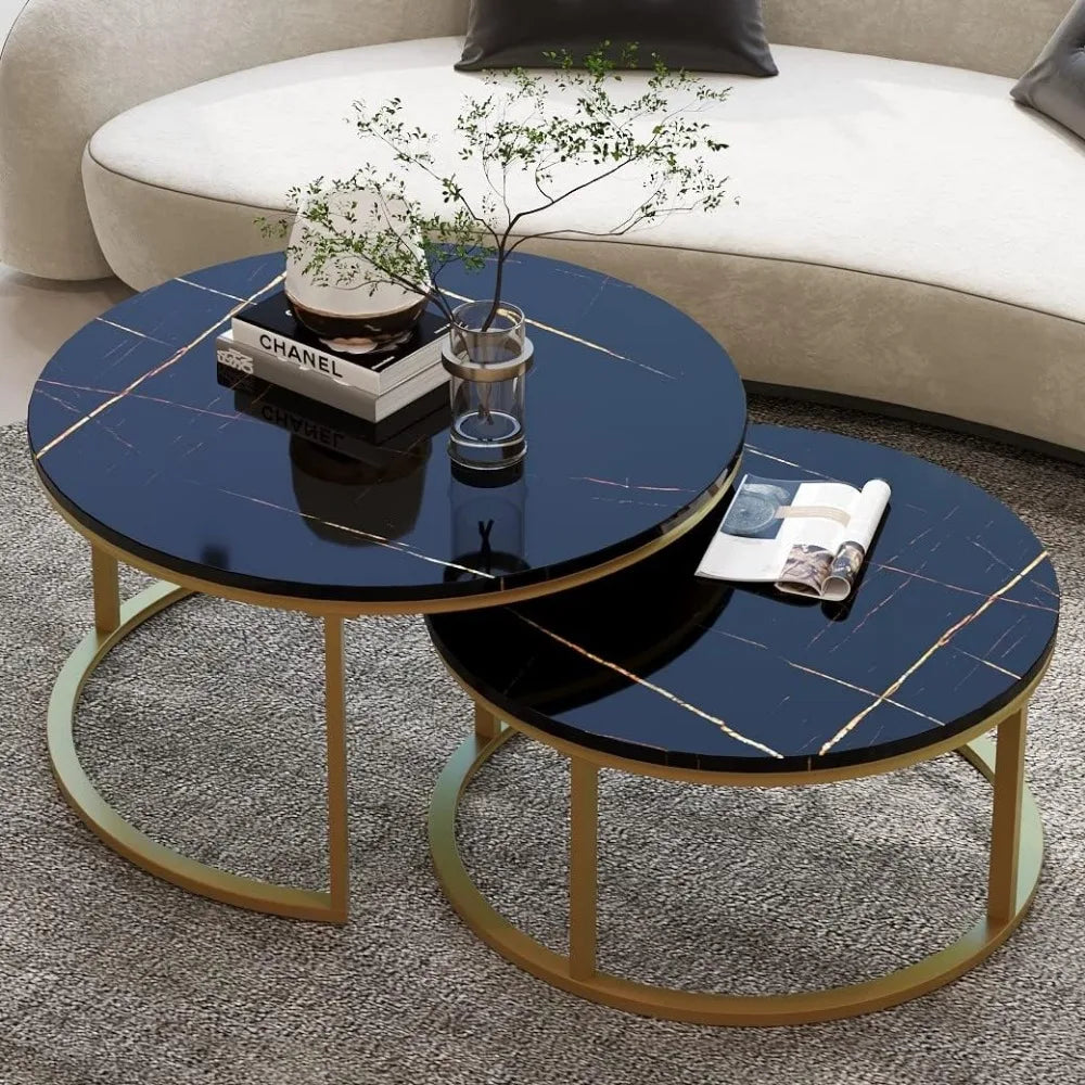 Round Coffee Table Nesting Tables Set of 2, Large : Ø 34.0", Small : Ø 26.0", Modern Design Coffee Tables for Living Room, Gold