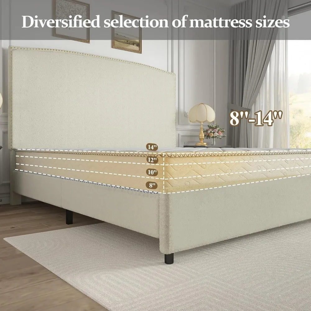King Size Bed Frame with Upholstered Headboard, 56" Modern Platform Bed, Soft Boucle Fabric & Gold Nailhead Trim