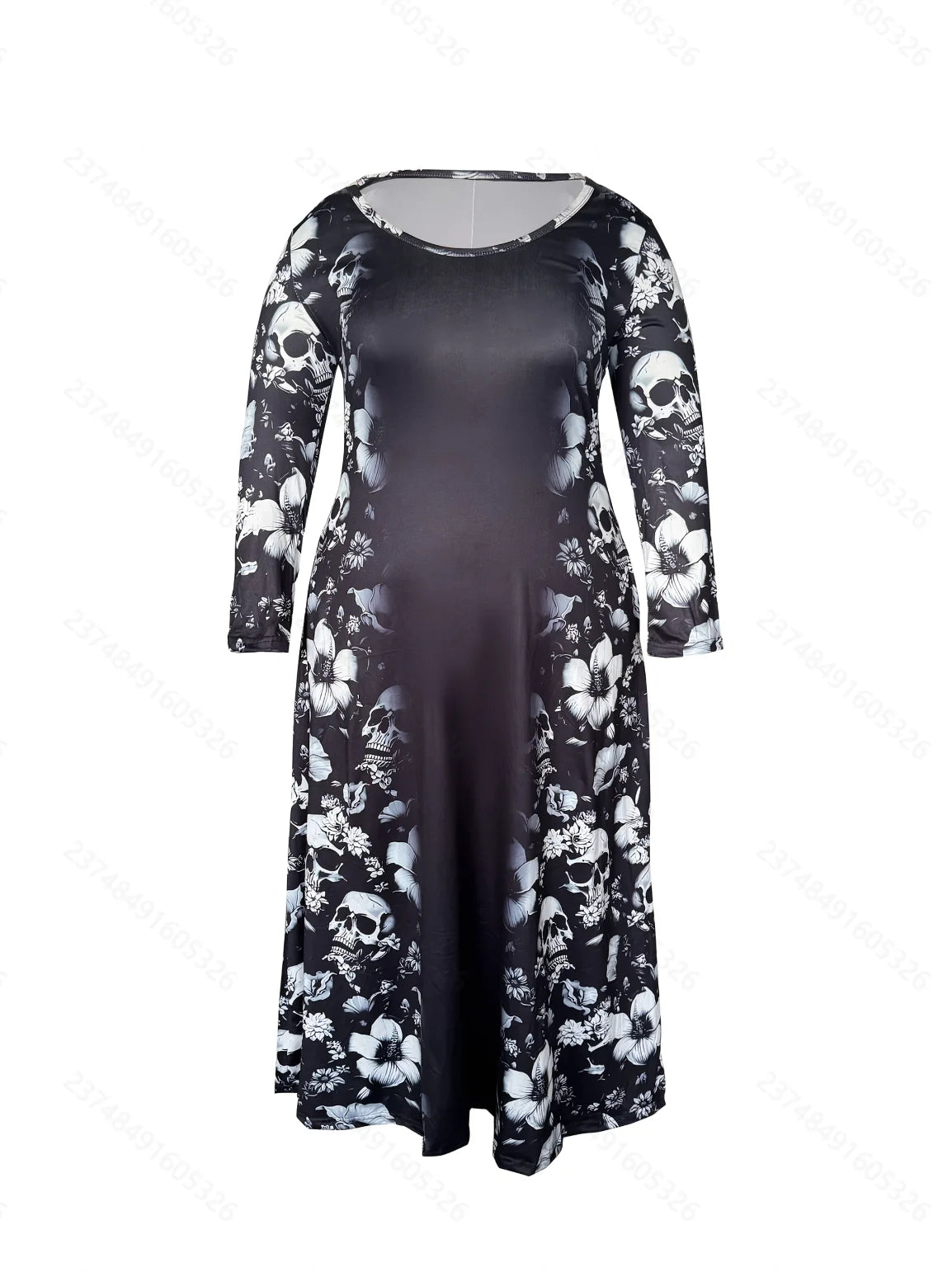 Plus size Maxi dress V neck Color block design Pocket inserted Skull print Dark style Unique pattern