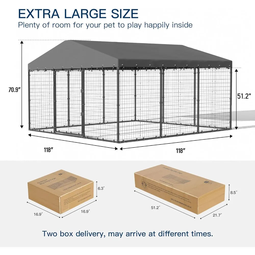 Large Outdoor Dog Kennel - 10x10x6, Heavy-Duty Galvanized Steel Construction, Double Lock Security