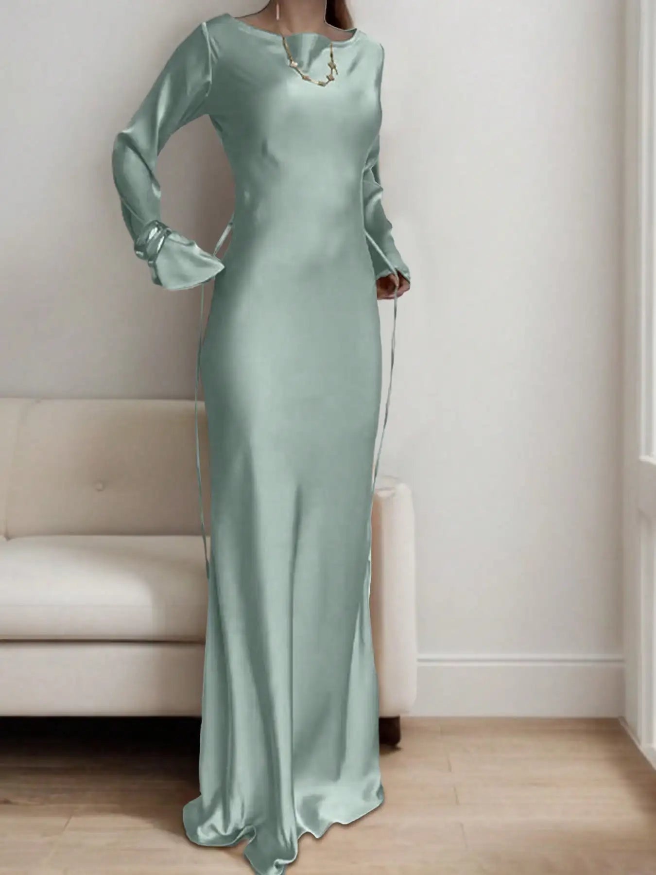 Women's Bespoke Satin Maxi Dress with Corset Waist Tie Classic Round Neck & Dramatic Flared Sleeves Luxury Evening Dress