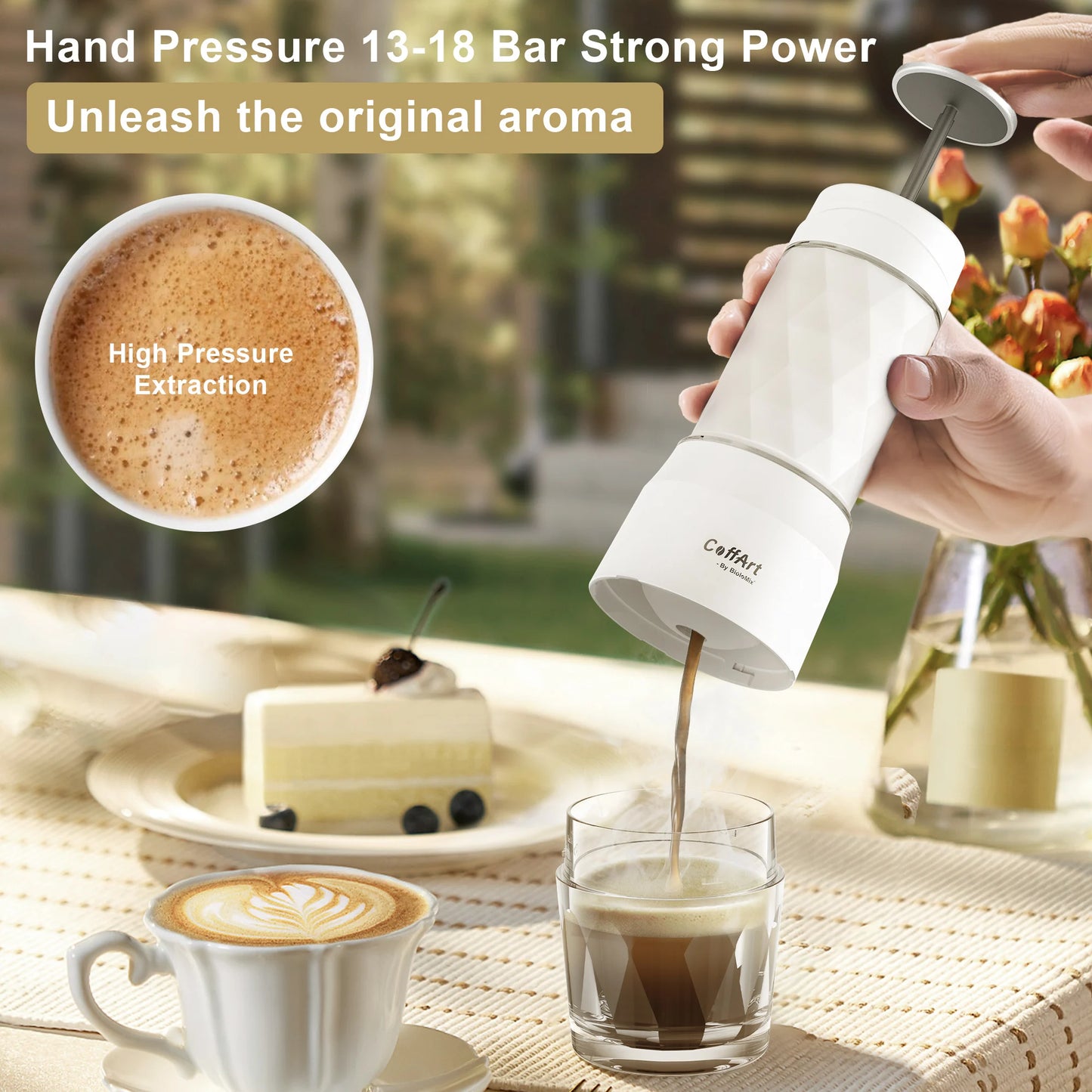 BioloMix Portable Coffee Maker Espresso Machine Hand Press Capsule Ground Coffee Brewer Portable for Travel and Picnic