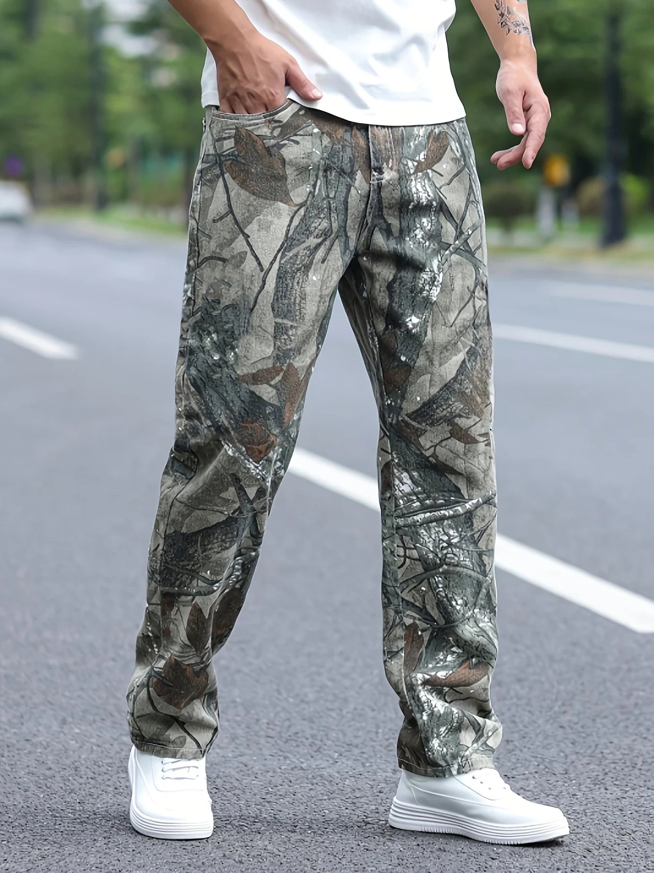 Men's Overalls American tree branch men's pants camouflage work pants denim pants