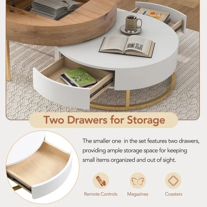 Lift-top Nesting Coffee Tables with 2 Drawers for Living Room White & Natural