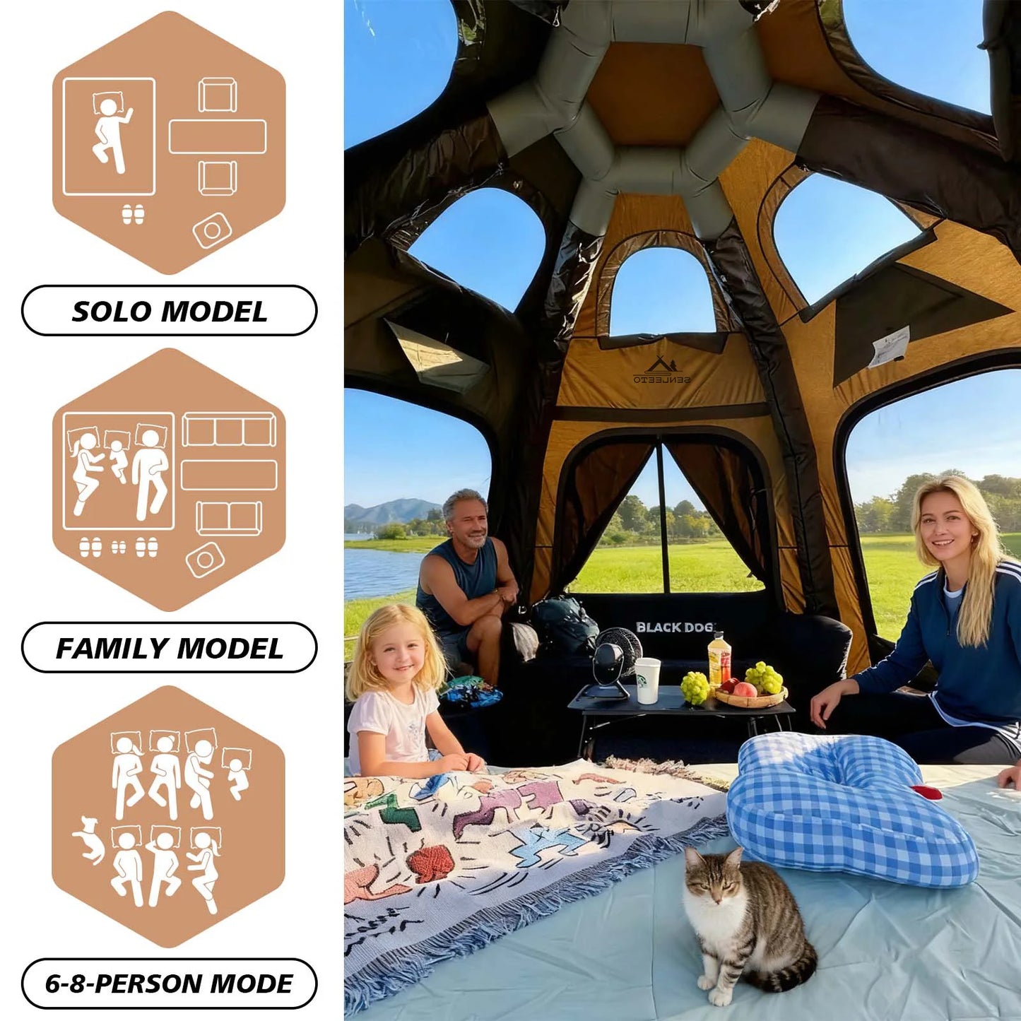142 SqFt² Dome Inflatable Camping Tents for Family,4 Season Cotton Glamping Blow Up Tent with Canopy,Chimney Opening,AC Vent