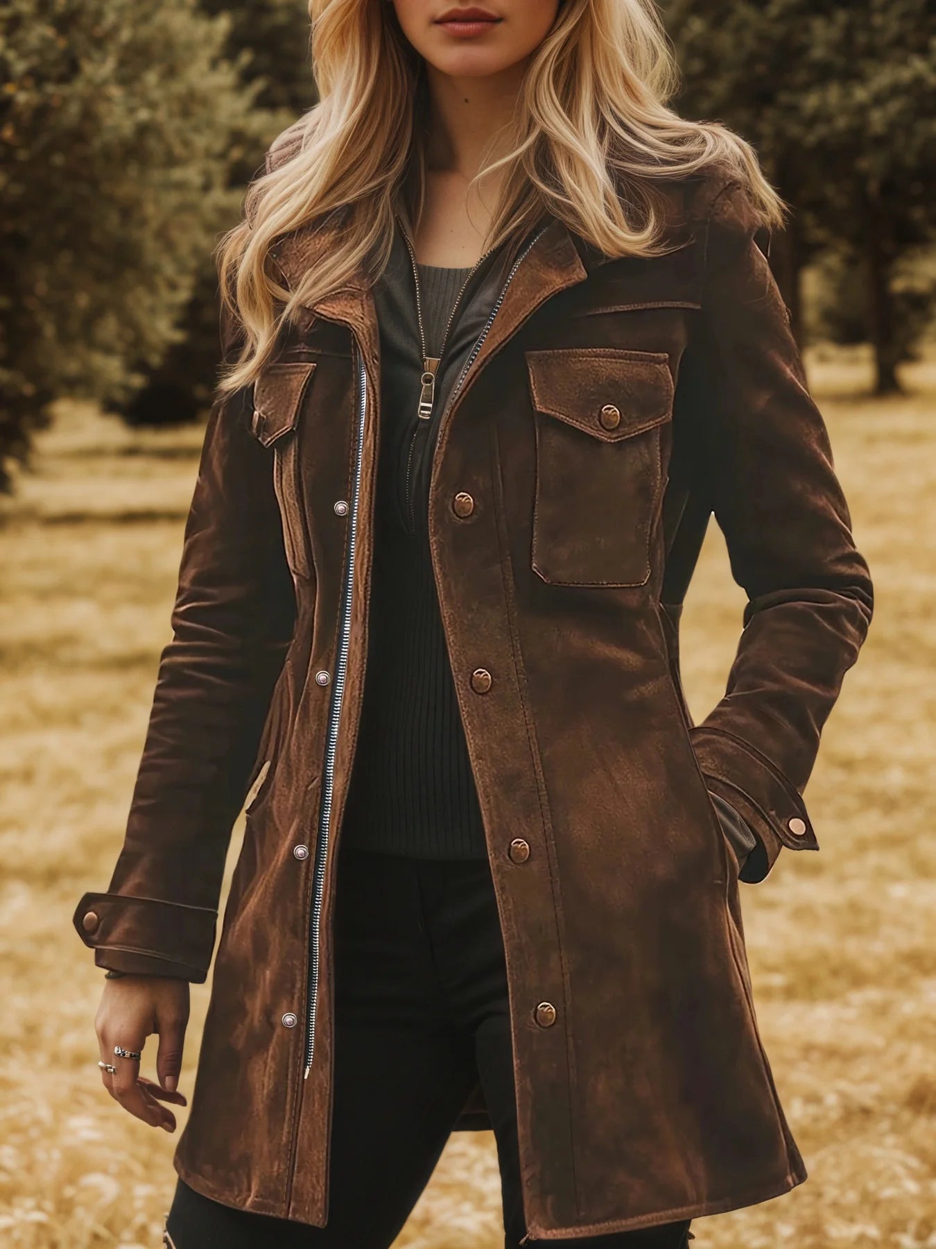 New Women's Vintage Suede Turtleneck Casual Jacket, a Versatile and Elegant Mid-Length Coat, Perfect for Autumn and Winter