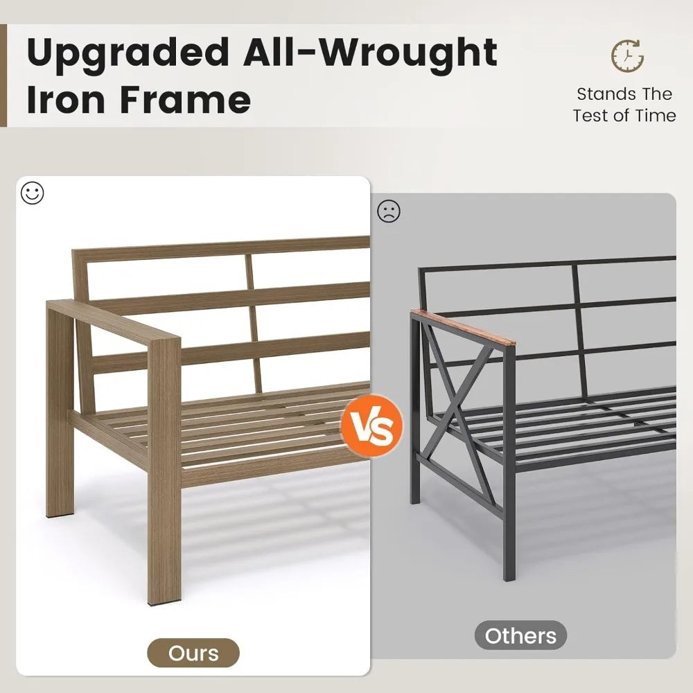 6 Piece Patio Furniture Set, Faux Wood Metal Outdoor Sectional Sofa with 6" Thick Olefin Cushions, Wide Armrest & Coffee