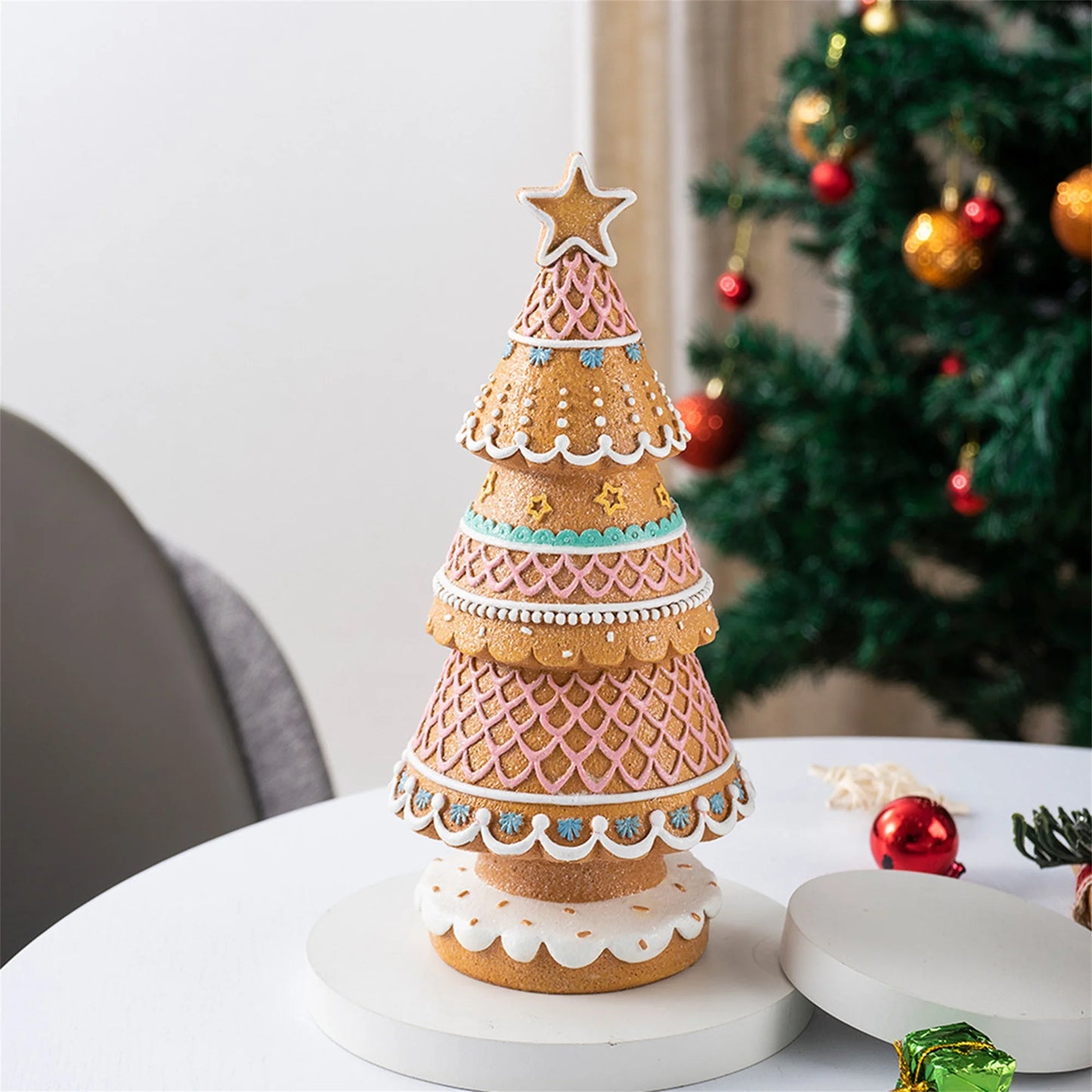 Resin Christmas Tree Figurine with Gingerbread House Design for Festive Home Decor - Small Desktop Holiday Decoration