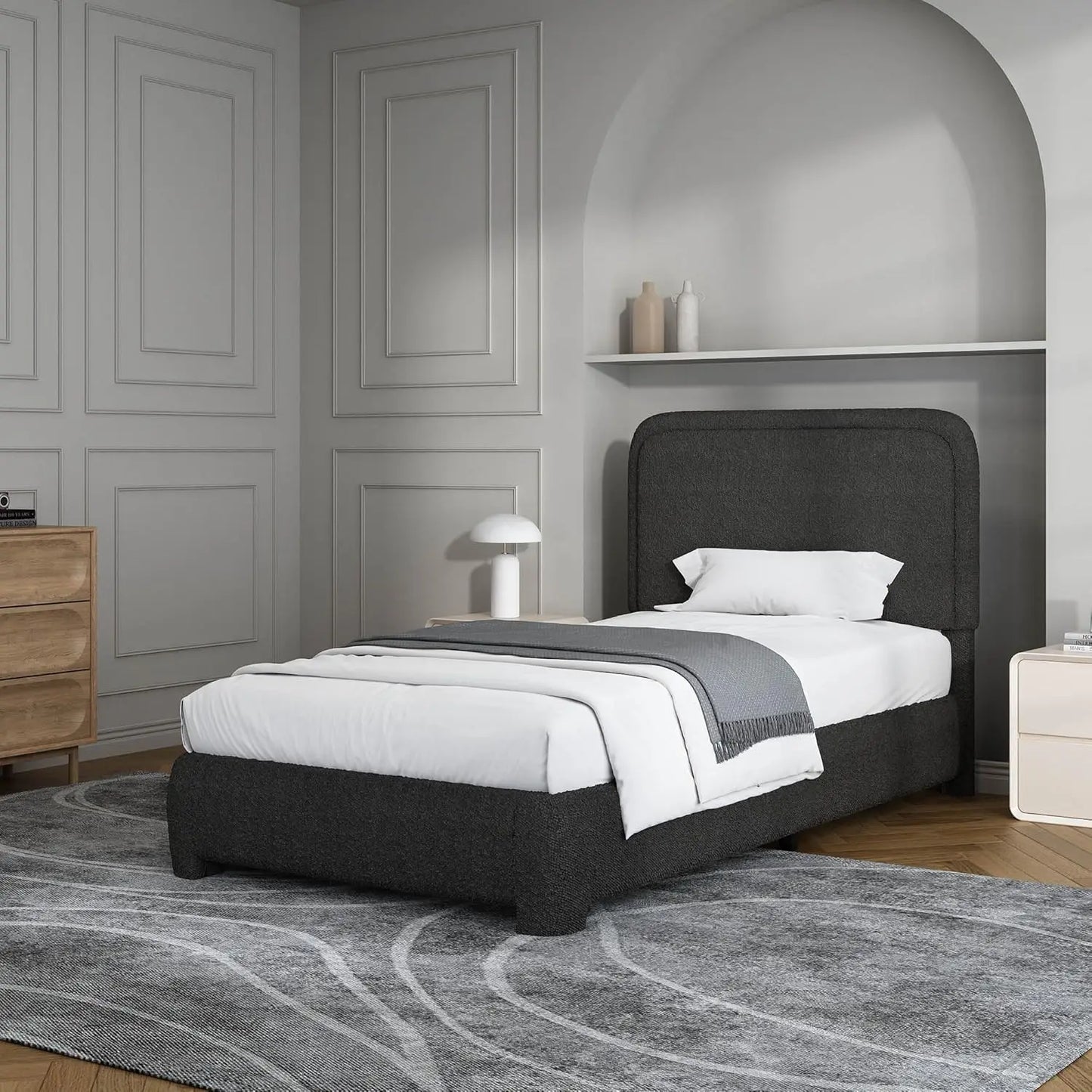 Twin Size Bed Frame, Boucle Upholstered Platform Bed with Headboard, Modern Style, Soft Rounded Corners, No Box Spring Required,