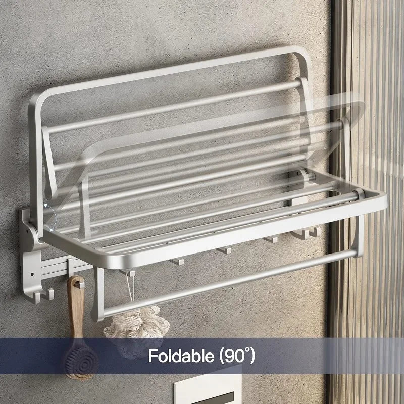 24 Inch Towel Rack with Towel Bar Holder Foldable Towel Shelf with Movable Hooks Rustproof Storage Wall Mount