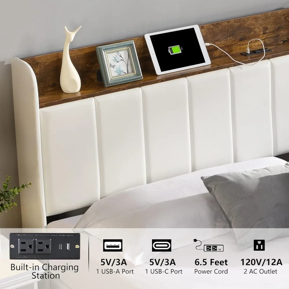 Queen Bed Frame with Headboard & Charging Station, Upholstered Platform Bed Frame with 2 Storage Drawers, Sturdy Wooden Slats Su